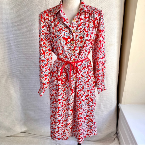 Vintage Dresses & Skirts - Vintage 90s S/M Daisy Print Secretary Dress Red July 4th